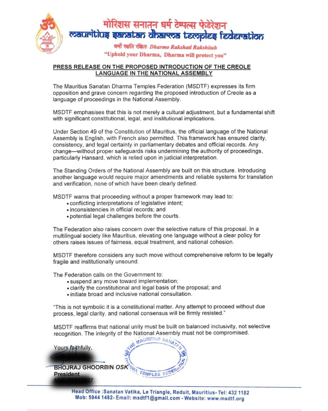MSDTF warns against creole in parliament